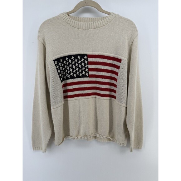 American Flag USA Made Women Knit Sweater Crewneck Cream Large Americana Classic - Picture 2 of 10